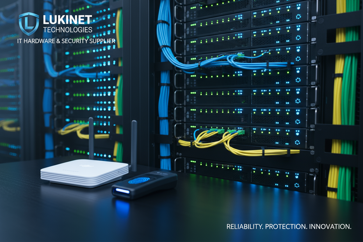 A professional, high-tech hero banner for an IT hardware and security supplier called LUKINET TECHNOLOGIES. The image should feature a close-up of an organized server rack with clean, color-coded cables and glowing indicator lights (blue/green). In the foreground, a sleek business-grade Wi-Fi Access Point and a biometric fingerprint scanner are placed on a matte black desk, subtly emphasizing both connectivity and security. The overall mood should be reliable, secure, and highly efficient. Aspect ratio 16:9